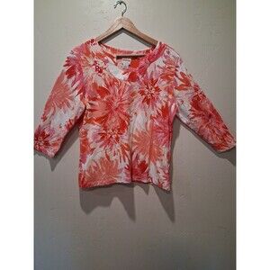 Ruby Rd. Favorites Womens Size L 3/4 Sleeve Top Pink Orange Floral Print Stretch